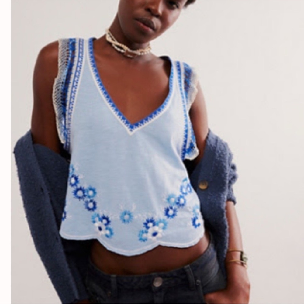 Free People Light Blue Embroidered Blouse